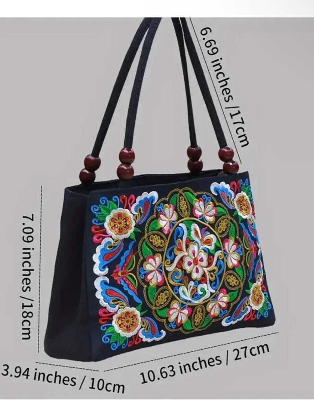 Embroidered Floral Tote Bag - Black - Picture 2 of 4